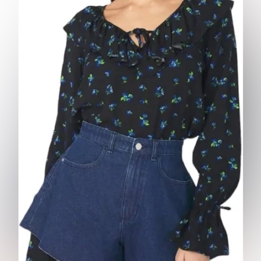 WeWoreWhat Ditsy Floral Long Sleeve Farmhouse Doll Top Keyhole + Frills NWT XS